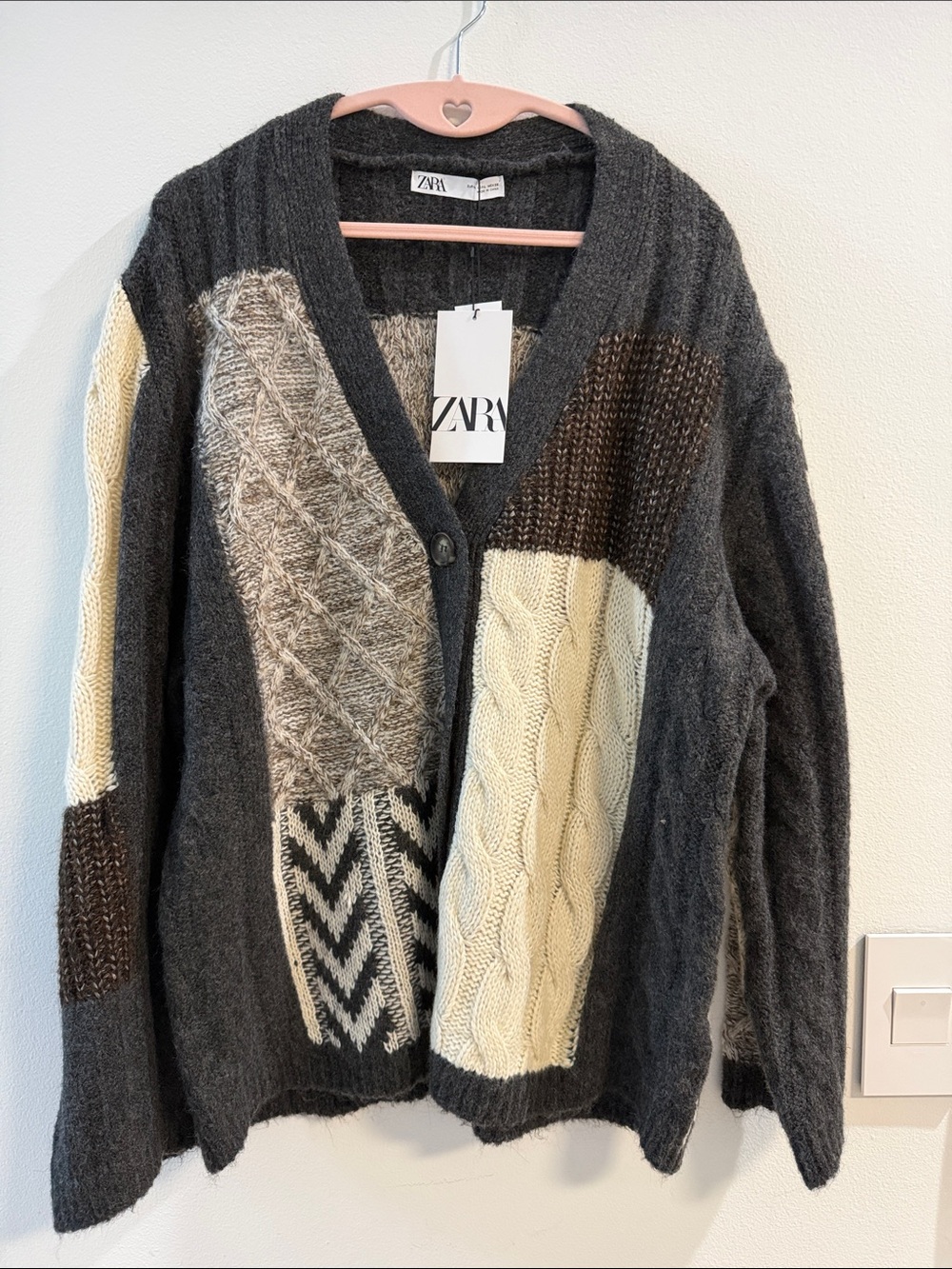 Zara Charcoal Patchwork Cable Knit Cardigan with Cream & Brown Panels - Picture 1 of 6